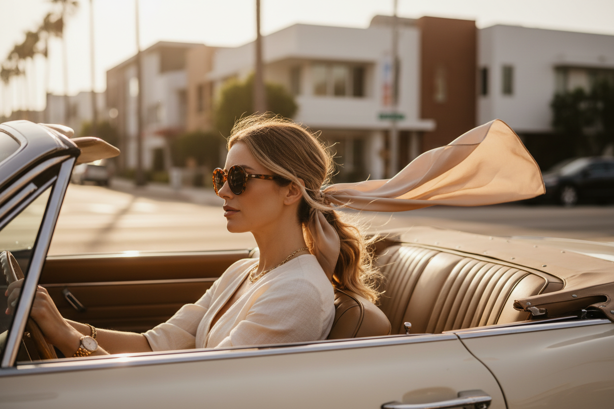 The concept features a woman driving a convertible through sun-washed LA streets, her hair pulled back as a silk scarf and soft strands move freely in the wind. Shot in warm neutrals with understated styling, oversized sunglasses, and effortless posture, the image captures freedom, confidence, and quiet luxury—an experience-driven moment that feels chic, calm, and unmistakably SoLA Chic.