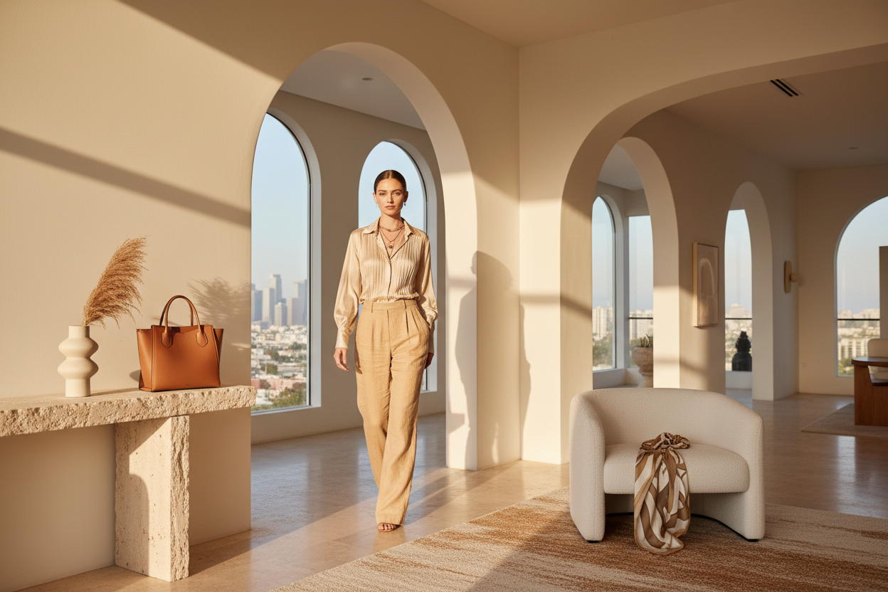 The hero banner should evoke a calm, sunlit LA interior—soft shadows, warm neutrals, and refined architectural details that feel modern yet timeless. Rather than spotlighting a single product, the image should suggest an elevated lifestyle: effortless styling, quiet confidence, and curated accessories that naturally belong in the scene. Focused on experience of fashion and elegance of wearing clothes