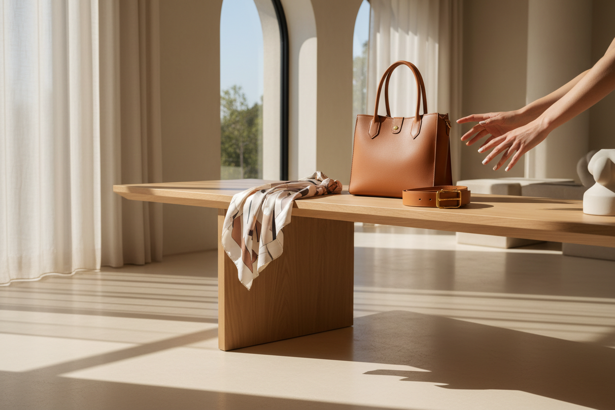 The hero banner should evoke a calm, sunlit LA interior—soft shadows, warm neutrals, and refined architectural details that feel modern yet timeless. Rather than spotlighting a single product, the image should suggest an elevated lifestyle: effortless styling, quiet confidence, and curated accessories that naturally belong in the scene. Should highlight a bag, a belt, a scarf and woman hands (white nails) reaching for them with elegance.